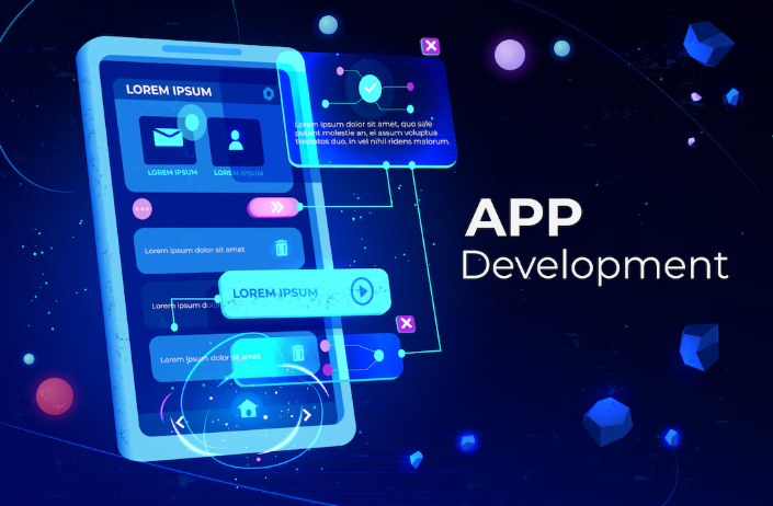 Futuristic app development interface with glowing UI design elements.