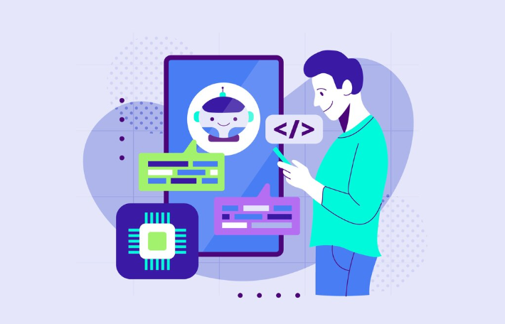 Illustration of person using chatbot interface with coding elements.