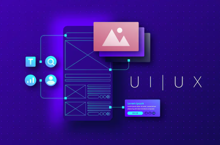 Abstract UI/UX wireframe design concept with icons and image blocks.