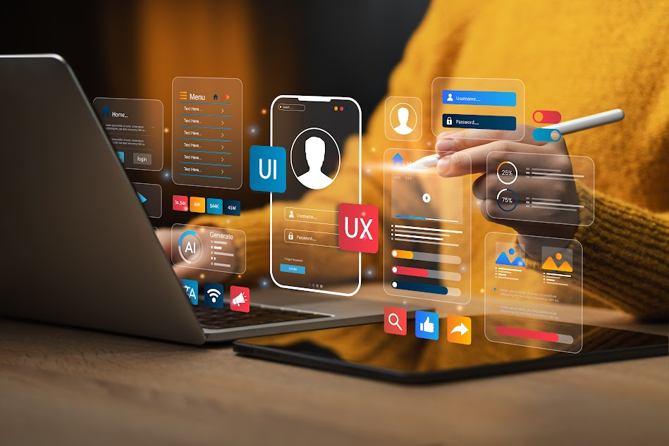 Designer working on laptop with floating UI and UX interface elements.