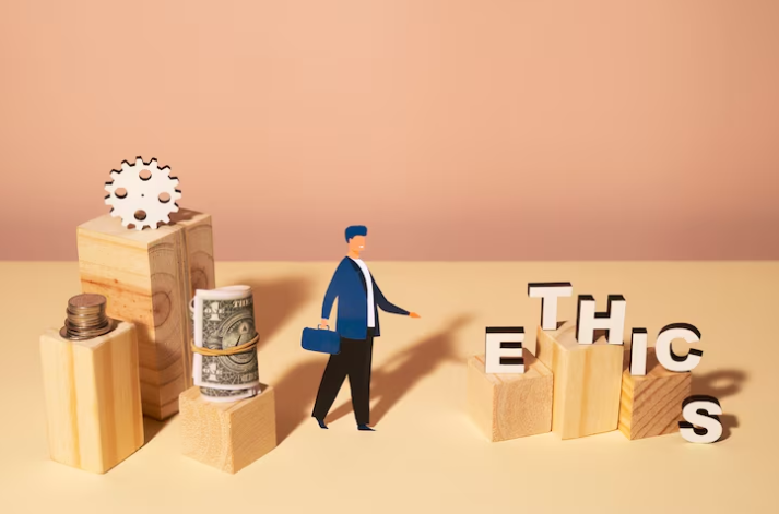 Illustration of businessman walking towards ethics, leaving money behind.