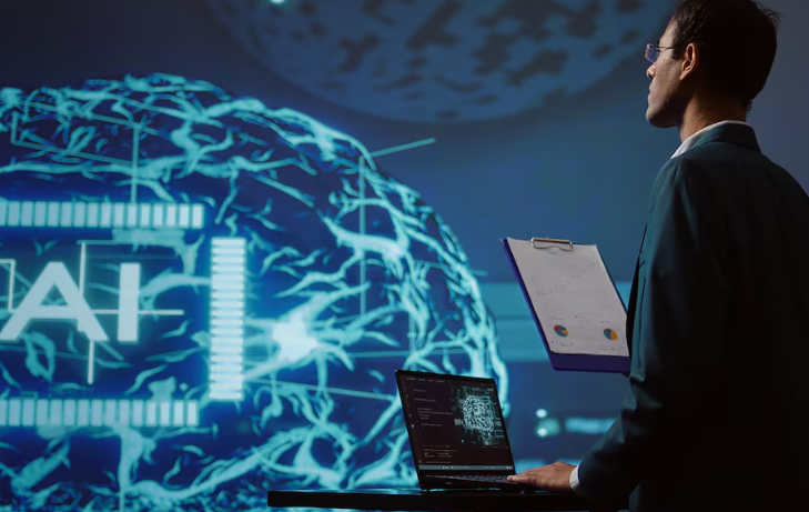 Professional analyzing artificial intelligence holographic brain with laptop and charts.