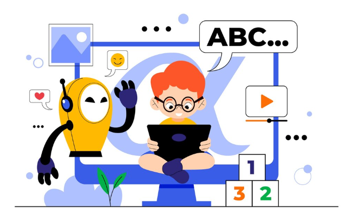 Kid studying ABCs on tablet with educational AI robot helper.