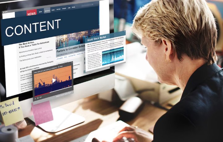 Professional creating digital content with floating news, charts, and media.