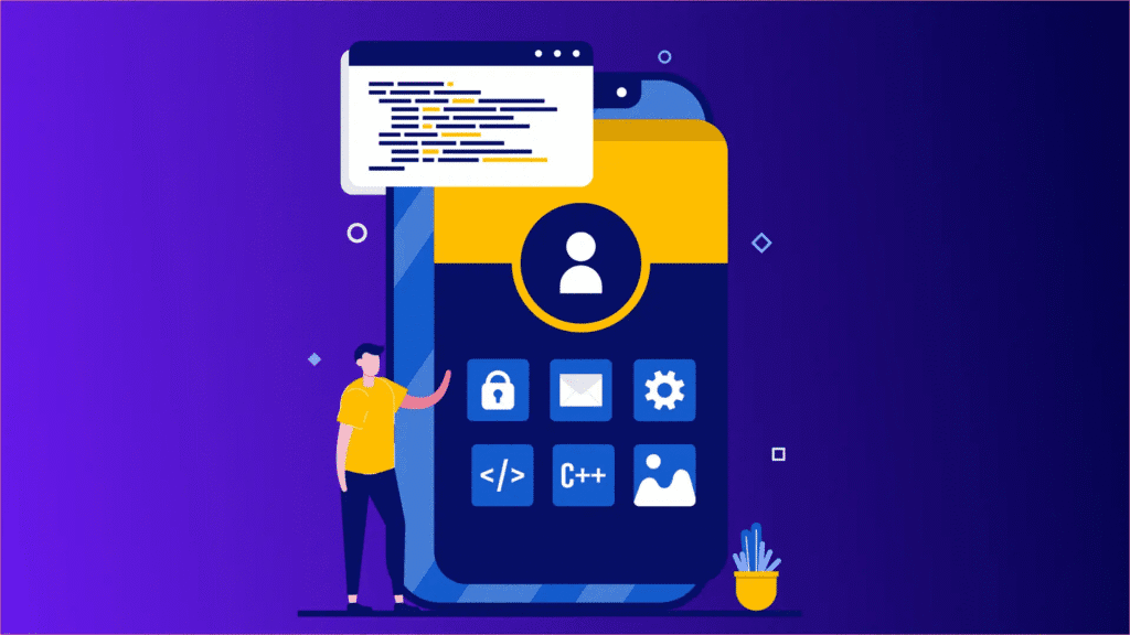 Man with large mobile phone and coding icons on screen.