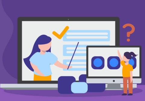 Illustration of online learning with teacher on screen and student.