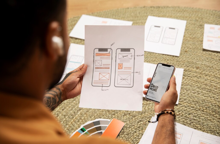 Designer reviewing mobile wireframe sketches while holding smartphone.