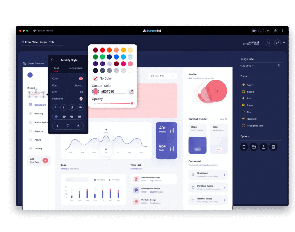 Dashboard interface showing charts, tasks, and project management tools.