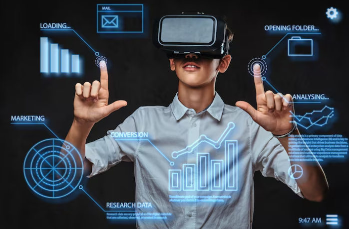 Boy using virtual reality headset with futuristic data interface.
