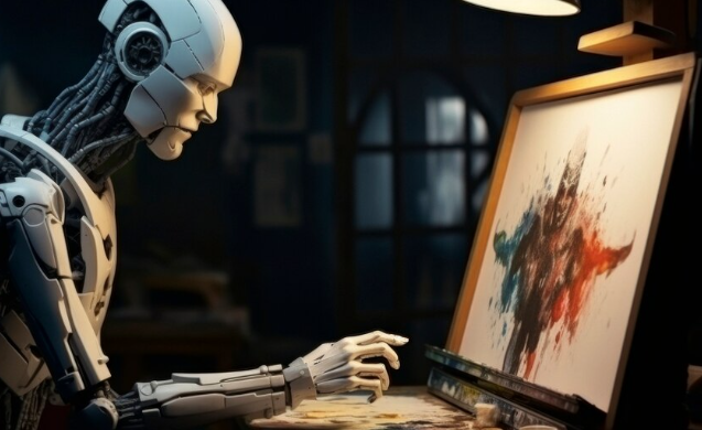 A humanoid robot painting on a canvas in an artistic environment.