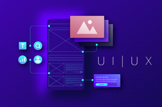 A digital UI/UX concept illustration with wireframes and glowing icons on a purple background.