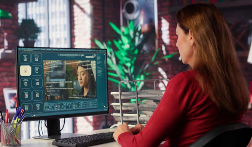 Woman editing video content with AI tools on a computer screen.