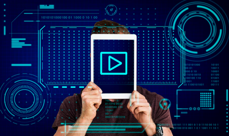 Person holding tablet displaying glowing play icon with tech background.