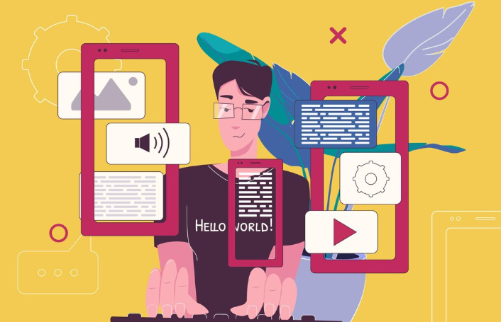 Illustration of developer creating multimedia content with coding and visuals.