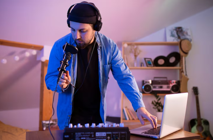 Musician recording vocals with microphone and laptop in home studio.