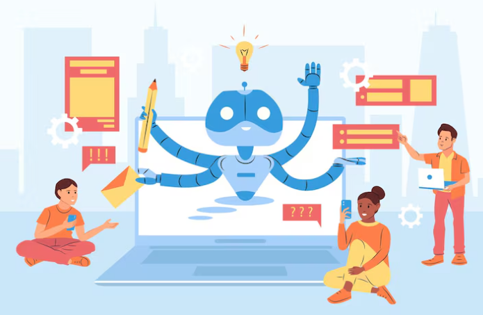 Cartoon-style illustration of a robot with multiple arms, surrounded by people using devices