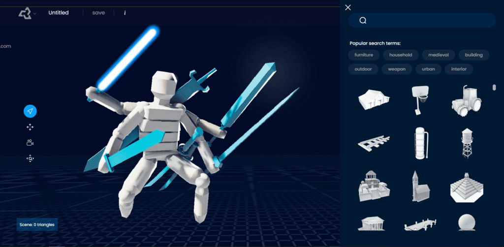 3D model editor screen with a blocky character holding glowing swords