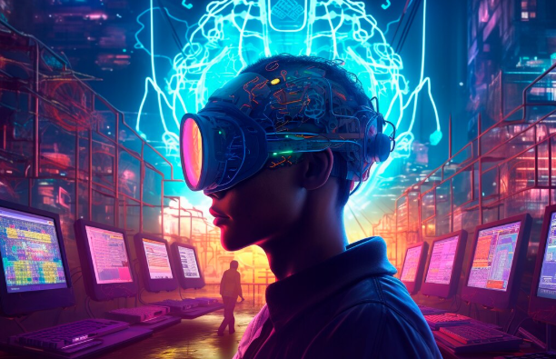 Person in VR headset with glowing circuits, standing in front of futuristic monitors