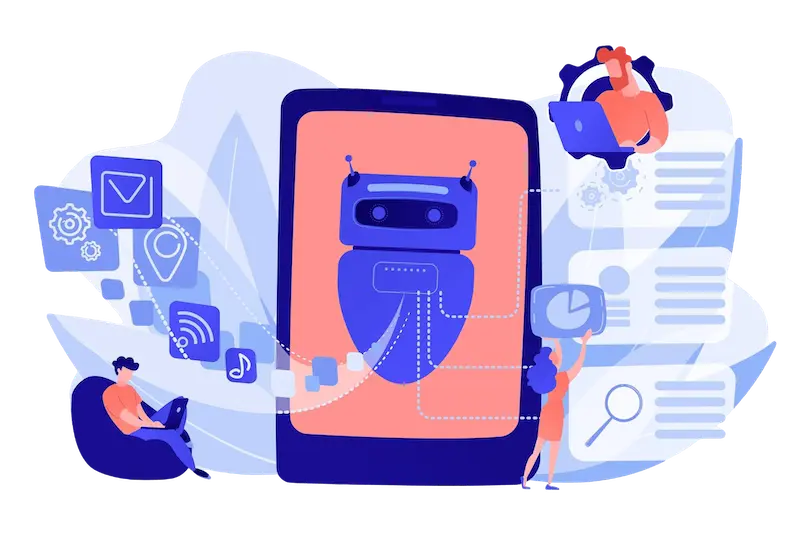 People interacting with chatbot robot interface on a large screen and AI in no-code web apps.