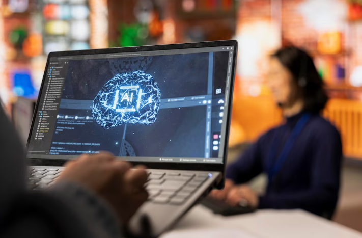 Laptop showing artificial intelligence brain interface in office workspace.