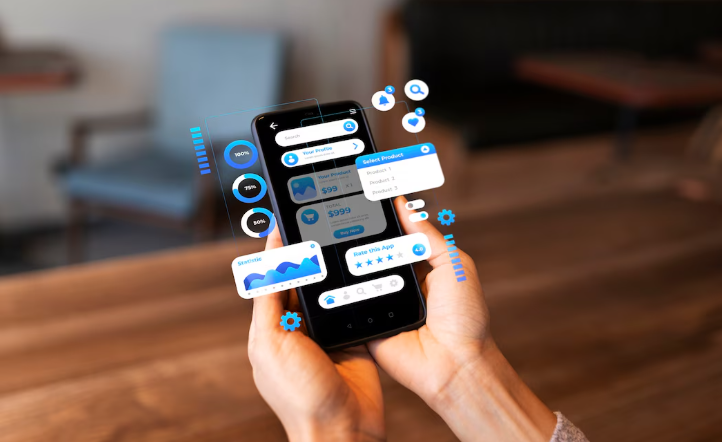 Person using smartphone with floating app interface icons displayed.