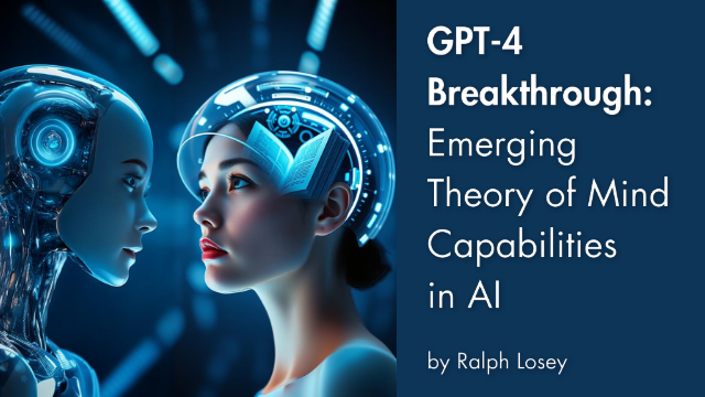 Futuristic AI concept art with title about GPT-4 theory of mind.