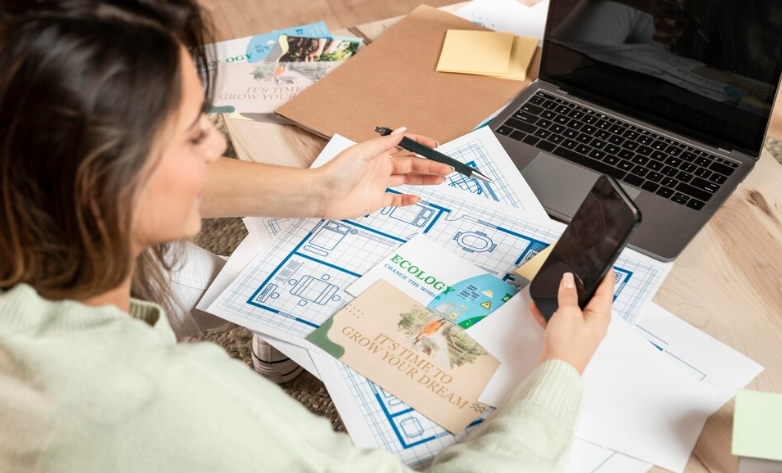 Woman reviewing eco-friendly designs and marketing materials beside laptop at desk and openai and bubble.io .