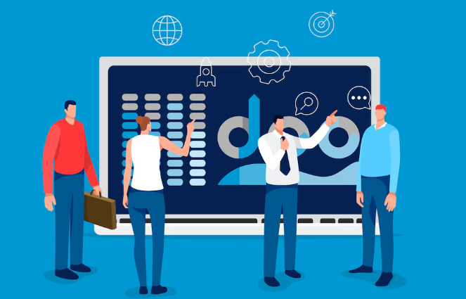 Team analyzing large digital dashboard with charts, graphs, and workflow icons.