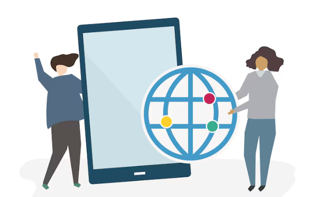 Illustration of people with globe and tablet representing digital connectivity.