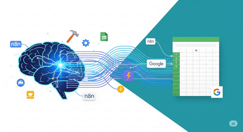 AI brain graphic connected with Google Sheets for automated data processing.
