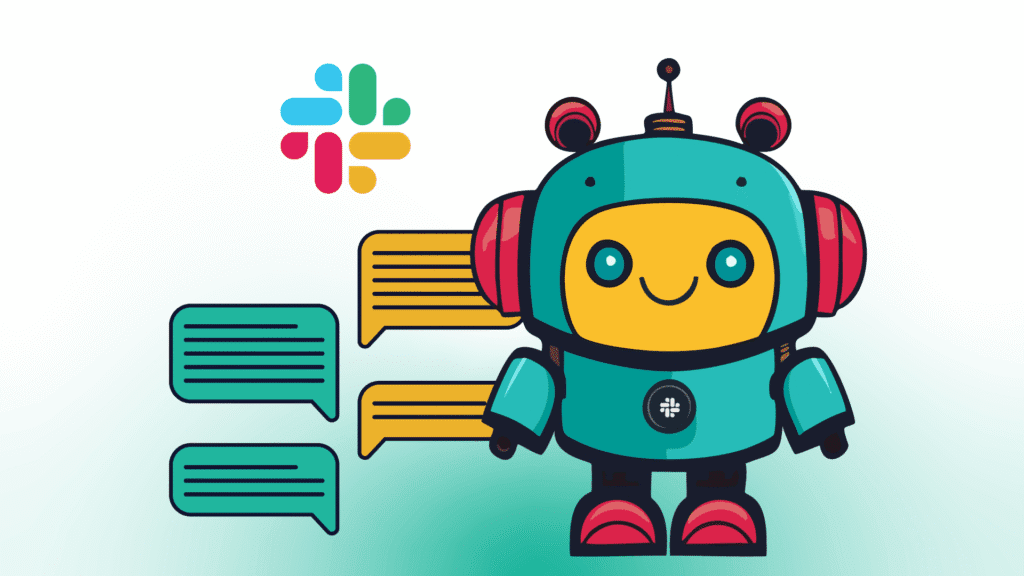 Cute chatbot illustration showing Slack integration for automated conversations.