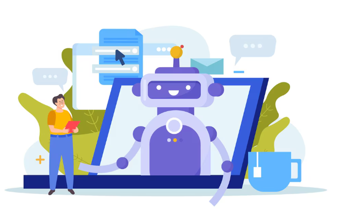 Cartoon robot interacting with digital interface for chatbot automation.