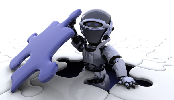 Futuristic robot holding puzzle piece symbolizing AI problem-solving.