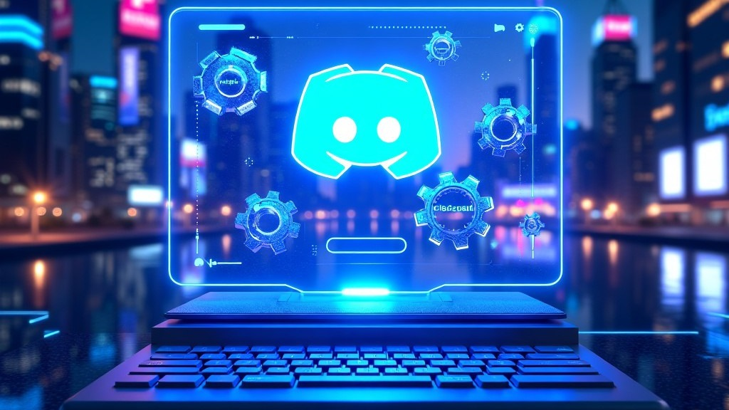 Futuristic laptop screen displaying Discord logo with digital gears around.