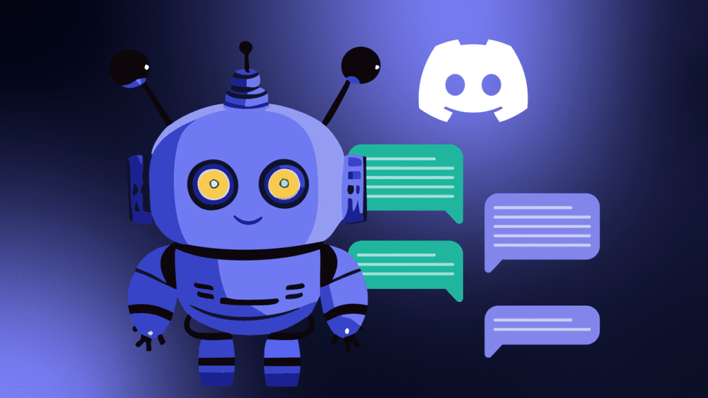 Cute cartoon robot chatting with messages under Discord logo.