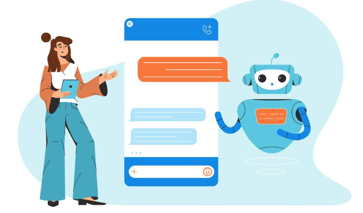 Woman interacting with chatbot on screen using digital conversation bubbles.