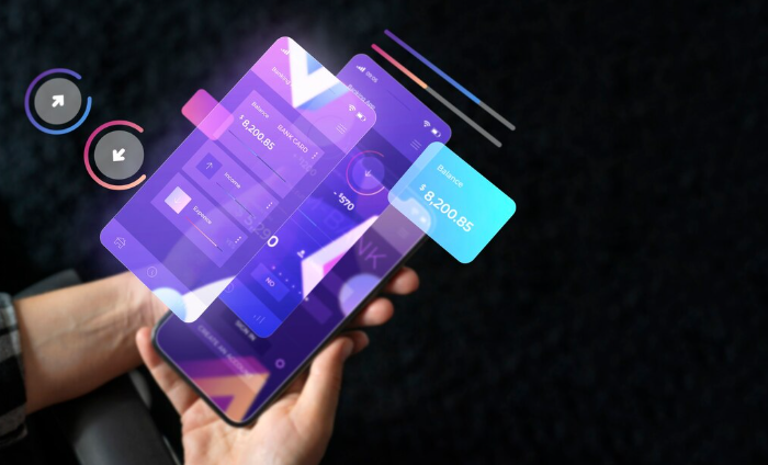 Person using futuristic mobile interface