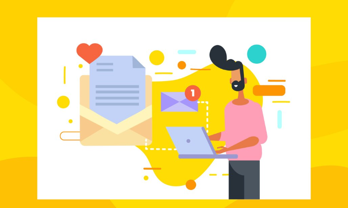 Man receiving email notification on laptop with colorful illustration.