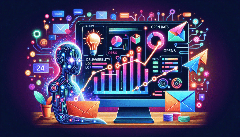 AI figure analyzing email data with futuristic digital charts display.