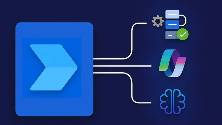 Blue arrow automation logo connecting to AI, workflow, and integration AI in Microsoft Power Automate
