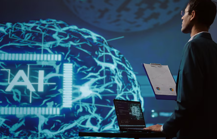 Business professional analyzing artificial intelligence brain hologram with laptop.