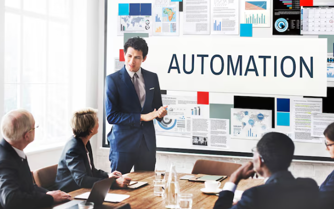 Business team presentation highlighting automation strategy and workflow solutions.