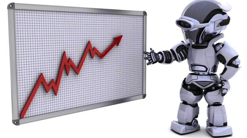 Futuristic robot pointing at upward growth chart on whiteboard.