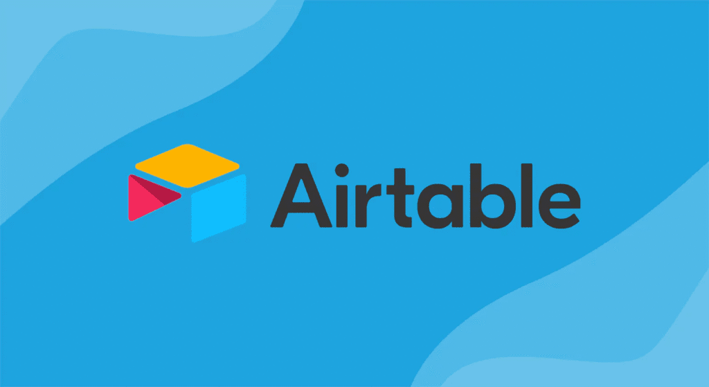Airtable logo displayed on bright blue background with abstract wave patterns.