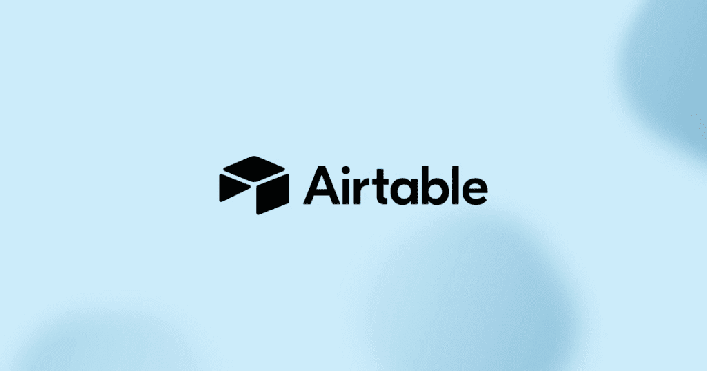 Airtable black logo on light blue background with subtle gradient effect.