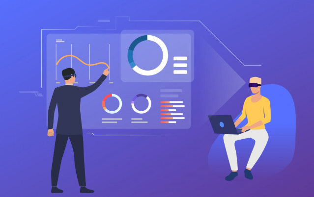 Two people using VR and laptop analyzing data visualization dashboard charts.