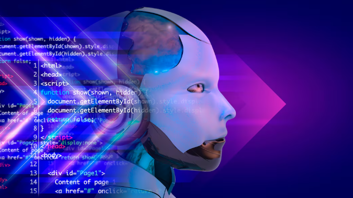 Futuristic robot head with programming code overlay and glowing purple background.