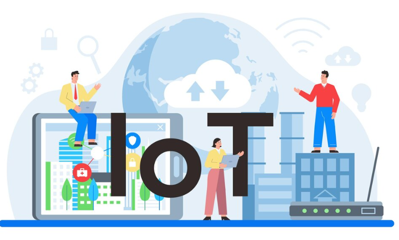 People interacting with giant IoT letters in front of global network.