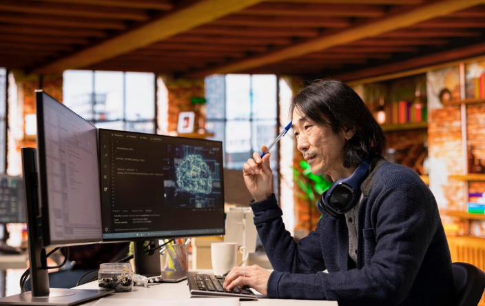Focused man coding artificial intelligence software on dual monitors at desk.