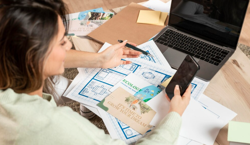 Woman reviewing eco-friendly architectural plans while holding smartphone near laptop.
